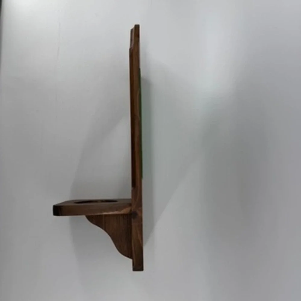 Vintage Rustic Wood Wall Sconce Shelf with Oval Mirror Dark Brown Stained 18in‎